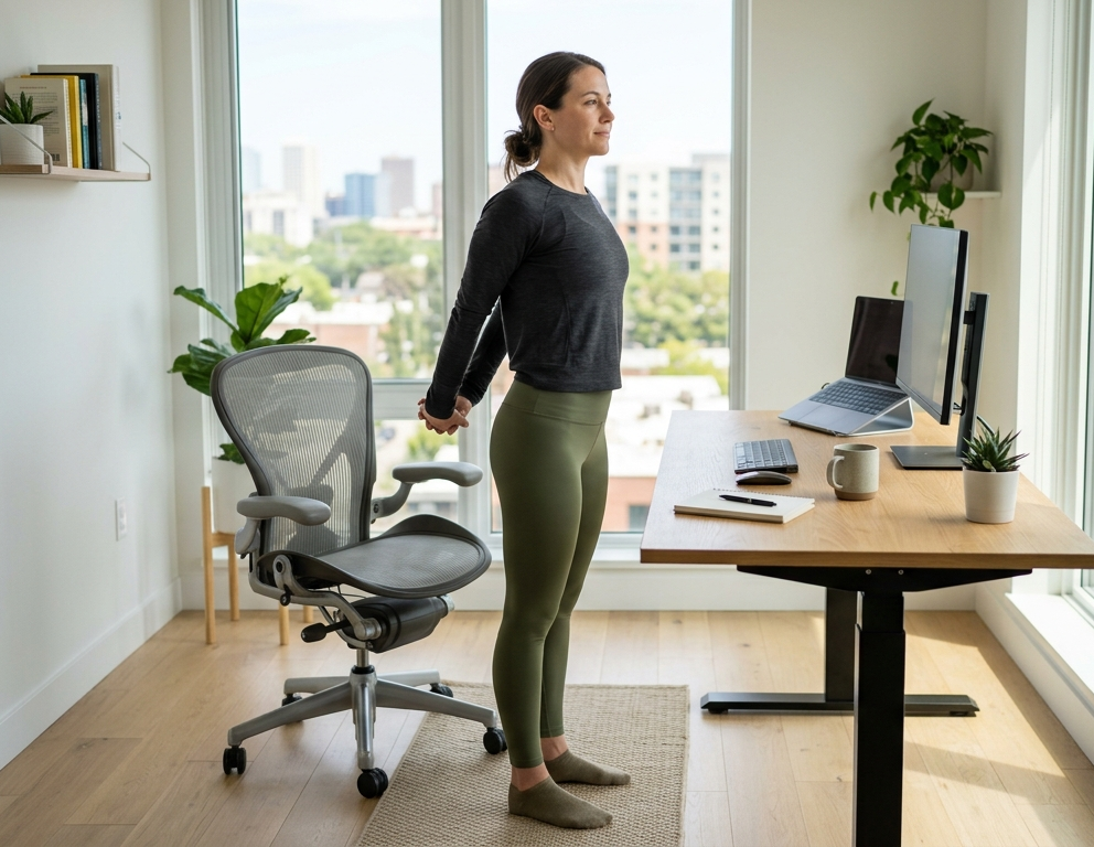 Persoană făcând exerciții de stretching la birou